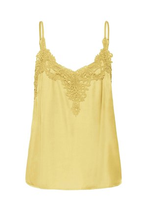 Camisole en satin jaune avec bordure en dentelle florale sur le décolleté et fines bretelles réglables.