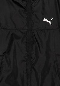 Black jacket featuring a smooth, shiny texture, front zipper closure, and a white Puma logo on the left side.
