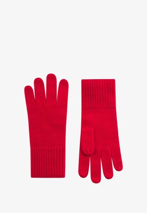 Rode gebreide handschoenen met een geribbelde manchette, vijfvingerontwerp en een soepele textuur. Geschikt voor koud weer.