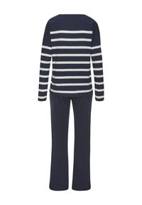Gestreiftes Langarmoberteil in Marineblau und Weiß mit Rundhalsausschnitt, kombiniert mit einfarbigen Marineblauen Hosen. Weiches Baumwollmaterial. Schlichte, lässige Passform.