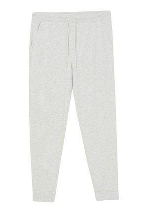 Hellgraue Jogginghose aus weichem, strukturiertem Stoff. Verfügt über einen elastischen Bund mit Kordelzug, Seitentaschen und schmal zulaufende Beine.