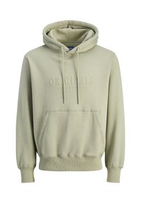 Sudadera con capucha verde claro con bolsillo tipo canguro, capucha con cordón, texto bordado "ORIGINALS" y puños y dobladillo acanalados. Textura de tela suave.