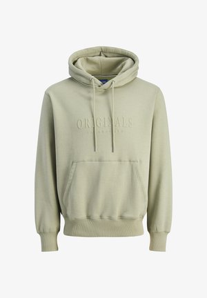 Sudadera con capucha verde claro con bolsillo tipo canguro, capucha con cordón, texto bordado "ORIGINALS" y puños y dobladillo acanalados. Textura de tela suave.