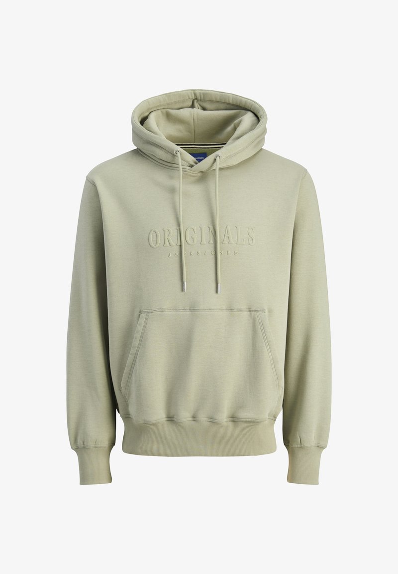 Sudadera con capucha verde claro con bolsillo tipo canguro, capucha con cordón, texto bordado "ORIGINALS" y puños y dobladillo acanalados. Textura de tela suave.