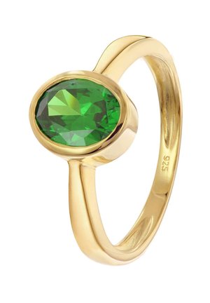Goldring mit einem großen ovalen grünen Stein, glattem Band und polierter Oberfläche. Der Stein verfügt über mehrere Facetten für zusätzlichen Glanz.