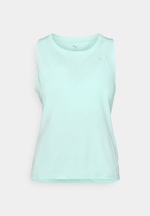 Heledad helesin roheline sportlik topp, mis on valmistatud siledast ja hingavast kangast. Sellel on ümmargune kaelus ja diskreetne logo ühes ülaservas vasakul.