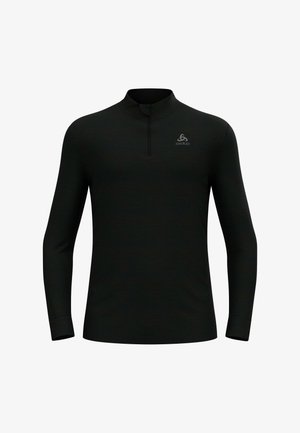 Langärmliges, schwarzes Sporthemd mit einem Viertelreißverschluss und hohem Kragen. Mit einem dezenten Logo auf der Brust und einem glatten, strukturierten Stoff.