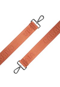 Orange satin strap with embossed lettering, featuring metal clasps at each end, showcasing a smooth texture and modern design.