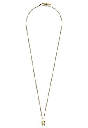 Gold chain necklace with a small gold letter "R" pendant and lobster clasp closure on white background.