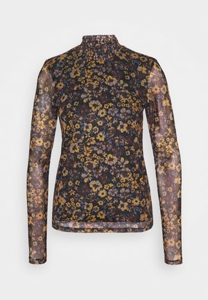 Top floral transparente de manga larga con un alto cuello fruncido en tonos oscuros de amarillo, marrón y azul sobre fondo negro.