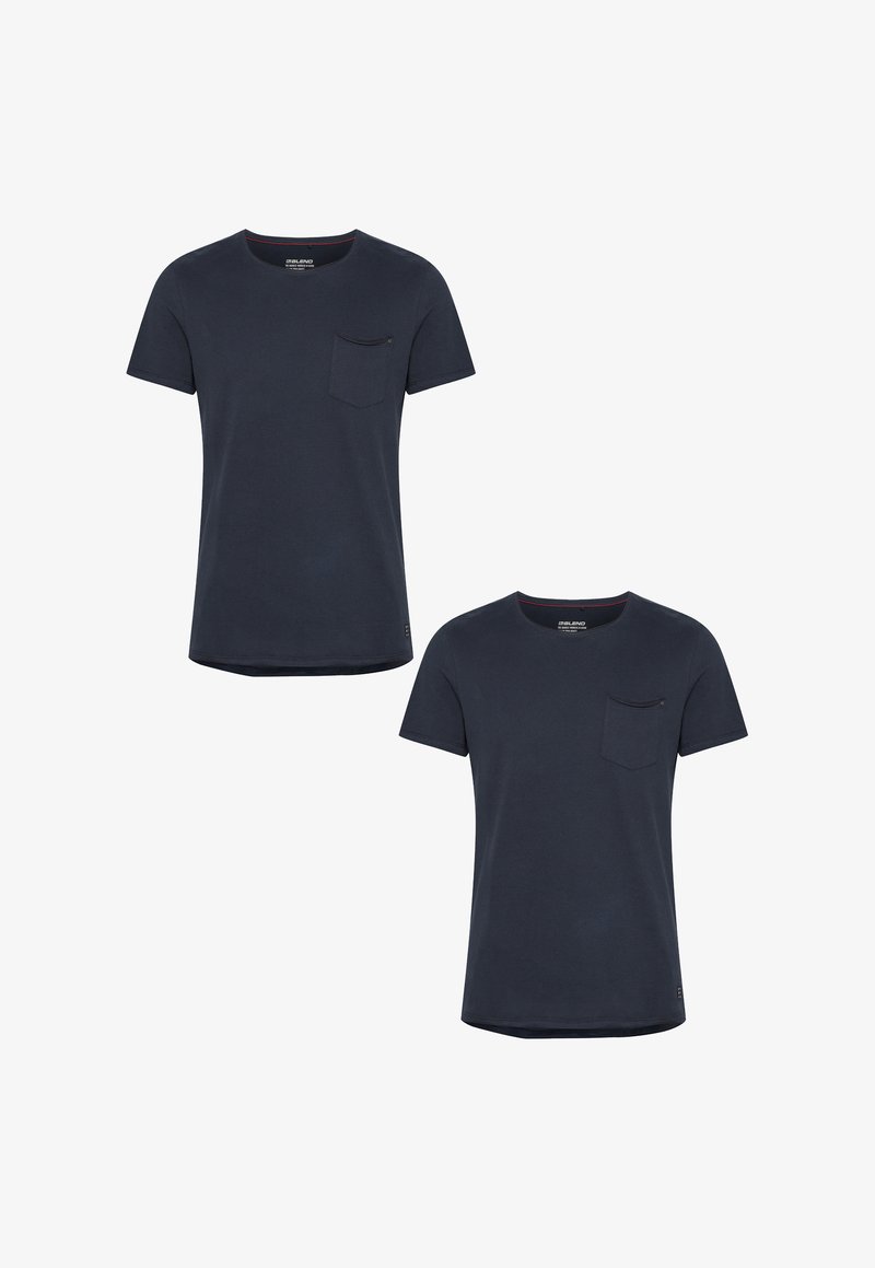 Navy blue cotton t-shirts, short sleeves, crew neck, featuring a chest pocket, smooth texture, and straight hem, displayed in a front view.