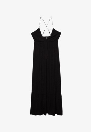 Schwarzes ärmelloses Maxikleid mit V-Ausschnitt und dünnen, überkreuzten Spaghettiträgern, mit gestuftem Saum.