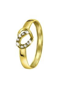 Bague en or avec un design en forme de cœur, ornée de pierres claires incrustées sur le dessus. Surface lisse et polie avec un éclat réfléchissant.