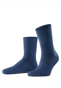 Calcetines de algodón azules con textura acanalada, de longitud a media pantorrilla y suelas antideslizantes con puntos para mayor agarre y estabilidad.
