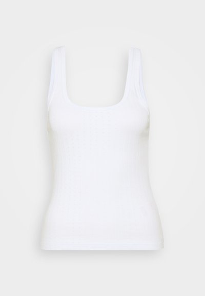 Biele pruhované tíško s štvorcovým výstrihom a širokými ramienkami, s hladkou textúrou a mierne priliehavým strihom.