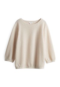 Waffelstrick, langärmliger Pullover in hellem Beige. Verfügt über einen weiten Halsausschnitt und geraffte Bündchen. Weicher Stoff mit lockerer Passform.