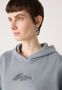 Grå hettegenser med hette og dekorativ broderi av rhinsten. Sølvstatementøredobber med en glatt, avrundet design.