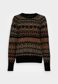 Strikket genser med et svart, beige og rustfarged geometrisk mønster, rund hals og ribbede mansjetter og nederkant.