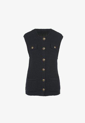 Gilet en tricot navy avec une texture côtelée, fermeture à boutons dorés à l'avant et deux poches avant. Conception sans manches, présentant un col rond.
