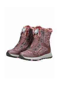 Winterstiefel mit einem maroon- und grauem gemusterten Äußeren, einem Kunstfellkragen, BOA-Schnürsystem und einer strukturierten Gummisohle mit rosa Akzenten.