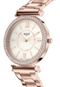 Roségouden wristwatch met een ronde wijzerplaat, crèmekleurige wijzerplaat, Romeinse cijfers en kristallen accenten rond de lunette. Design met een metaal schakelsriem.