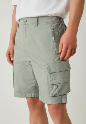 Heledast hallid maaväe lühikesed püksid, millel on mitu lukuga ja kinnitusega taskut, kantud isiku poolt, kes seisab käed küljel lõdvestunult.