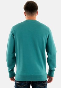 Sudadera de color verde azulado con mangas largas y cuello redondo, mostrada desde la parte de atrás. Presenta una textura suave y puños y dobladillo acanalados.