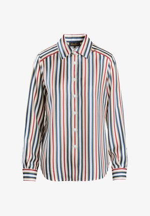 Camisa de manga larga con botones y rayas verticales en azul, rojo, crema y dorado. Presenta un cuello y puños abotonados, fabricada con un tejido suave.