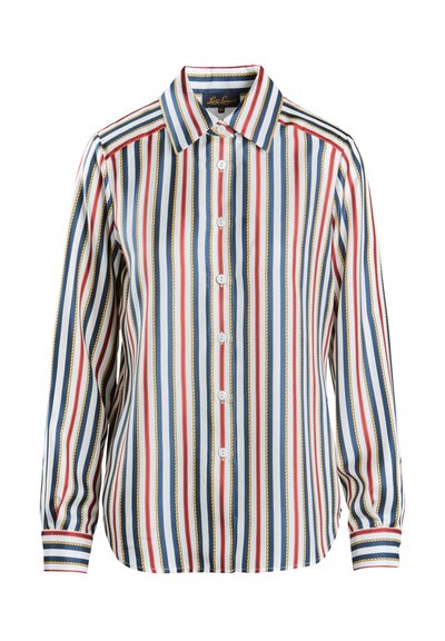 Long-sleeve button-up shirt with vertical stripes in blue, red, cream, and gold. Features a collar and buttoned cuffs, made from smooth fabric.