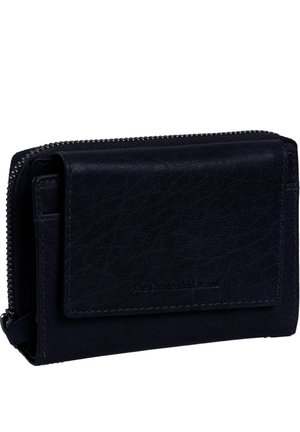 Navy leather wallet with a textured finish, zip closure, and front flap pocket. Features subtle branding on the front. Compact design.
