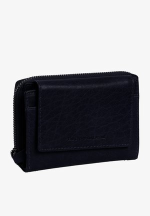 Navy leather wallet with a textured finish, zip closure, and front flap pocket. Features subtle branding on the front. Compact design.