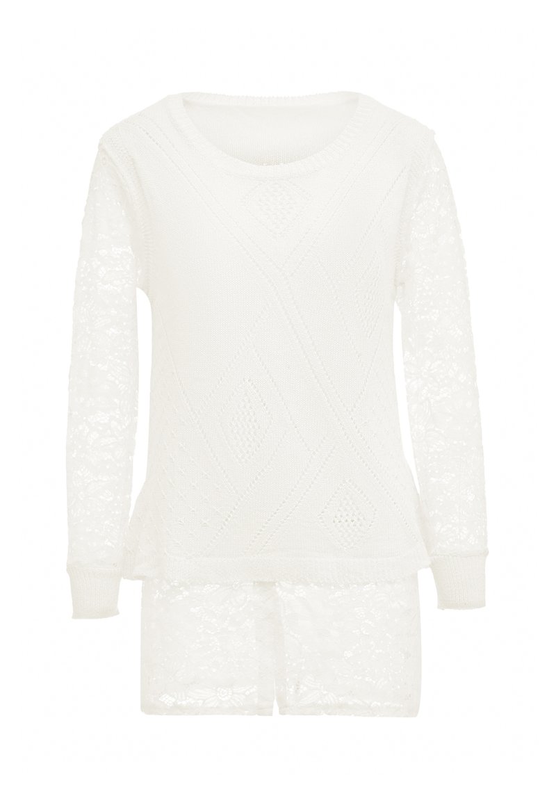 Valkoinen neulepaita, jossa on pitkät pitsihihat, joissa on tekstuurillinen timanttikuvio. Kangas on pehmeää, tarjoten kevyen ja ilmavan ilmeen.