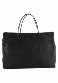 Borsa tote in tessuto nero con due manici superiori, caratterizzata da una superficie liscia, chiusura con zip e una tasca frontale di design rettangolare.