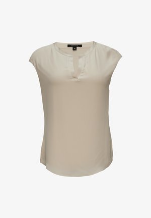 Beige Bluse mit kurzem Ärmel, Rundhalsausschnitt und V-Ausschnitt. Aus glattem, leichtem Stoff gefertigt, mit subtiler Glanzoptik und lässigem Schnitt.