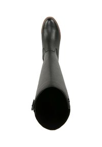 Botte noire en cuir montante avec surface texturée, bout rond et détail de fermeture éclair sur le côté. Intérieur lisse et semelle robuste.