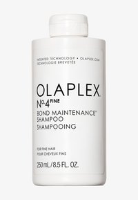 Olaplex No. 4 Fin Bond Underhållschampo i en vit, cylindrisk flaska; har svart text och ett flip-top lock; 250 mL.