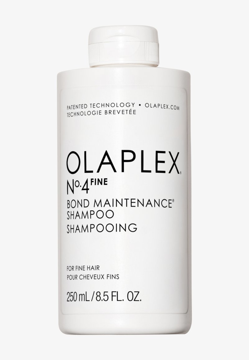 Olaplex No. 4 Fine Bond Maintenance Shampoo, tummassa valkoisessa sylinterimäisessä pullossa; siinä on musta teksti ja kääntöpäällystä; 250 mL.