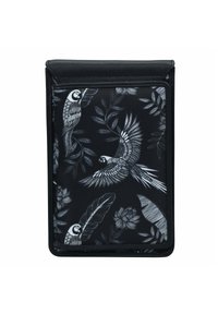 Zwarte portemonnee met een gedetailleerd patroon van een witte papegaai en veren, met een gladde textuur en een gestructureerd ontwerp.
