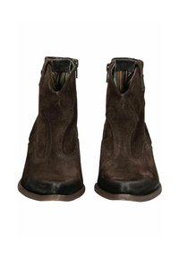 Brown suede ankle boots with a rounded toe, side cut-outs, and decorative stitching. Black leather accents at the toe and heel.