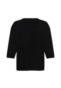 Chemise noire à manches longues avec un col rond, vue de dos sur un fond blanc uni.