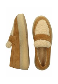 Tan suede slippers with plush beige shearling lining, a wide strap across the front, and a thick rubber sole for support.