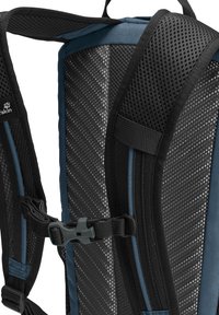 Zaino con schienale in rete traspirante, spallacci neri e dettagli blu. Include una fibbia regolabile e sezioni imbottite per il massimo comfort.