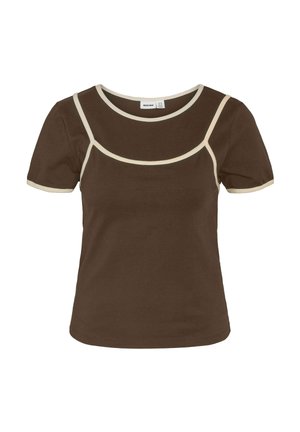 Brown short-sleeve t-shirt with beige trim outlining a faux camisole design and sleeve edges, crew neckline, and fitted cut.