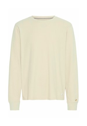 Tricou bej cu mânecă lungă, fabricat din bumbac moale. Are un decolteu rotund cu nervuri și manșete, cu un mic logo la tiv.