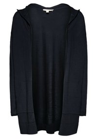 Long, open-front cardigan in dark navy. Made of soft, lightweight fabric with long sleeves and two front pockets. Smooth texture.