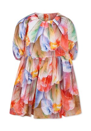 Abito floreale con un design plissettato in colori vivaci, caratterizzato da maniche a sbuffo e un collo rotondo, realizzato in tessuto leggero.
