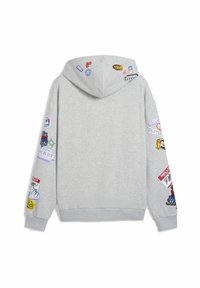 Grijze hoodie met een grote capuchon, voorzien van verschillende kleurrijke patches op beide mouwen en de achterkant, met logo's en speelse ontwerpen.