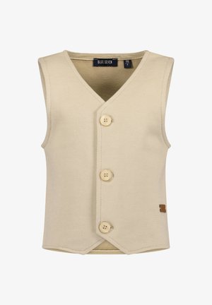 Beige ärmellose Weste aus strukturiertem Stoff mit V-Ausschnitt, vier Knöpfen an der Vorderseite und einem kleinen Markenschild unten links.