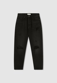 Czarne dżinsy z luźnym krojem, z przetartymi miejscami i postrzępionymi brzegami. Klasyczny pięciokomorowy fason z metalowym zapięciem.