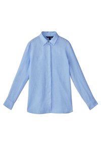 Chemise à manches longues bleu clair en tissu doux, dotée d'un col classique, d'une fermeture à boutons et d'un ourlet arrondi avec des poignets boutonnés.